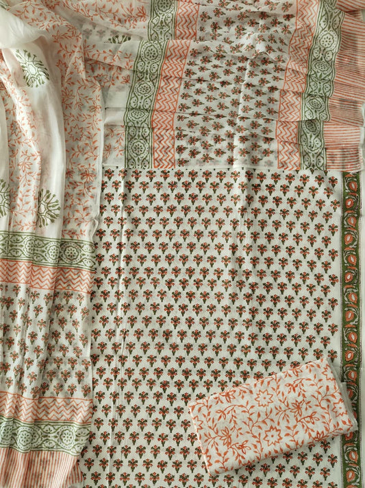 HAND BLOCK PRINTED COTTON 3-PIS SUIT WITH MULMUL DUPPATA (CMS182)