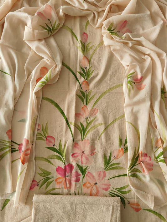 HAND BLOCK PRINTED COTTON 3-PIS SUIT WITH MULMUL DUPPATA (CMS183)