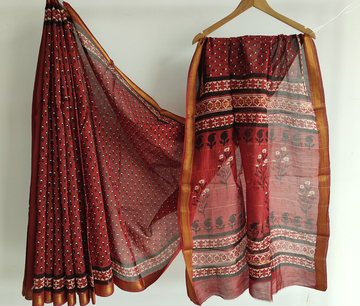 Jaipuri Hand Block Bagru Printed Maheshwari Silk Saree With Blouse (MSS195)