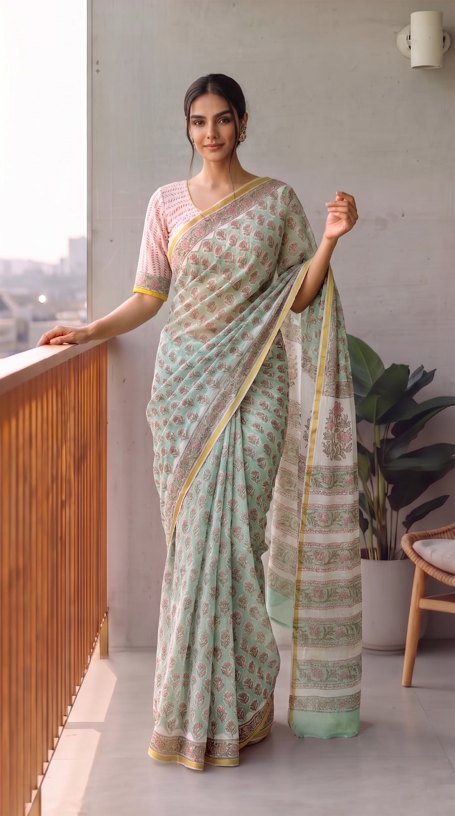 Hand Brush Painted Chiffon Saree with Blouse ( CIA103)
