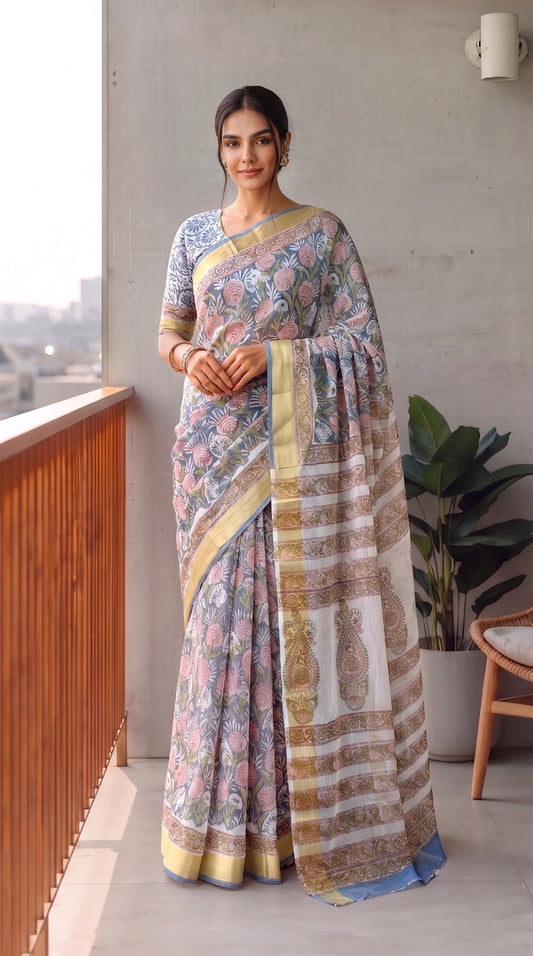 Hand Brush Painted Chiffon Saree with Blouse ( CIA76)