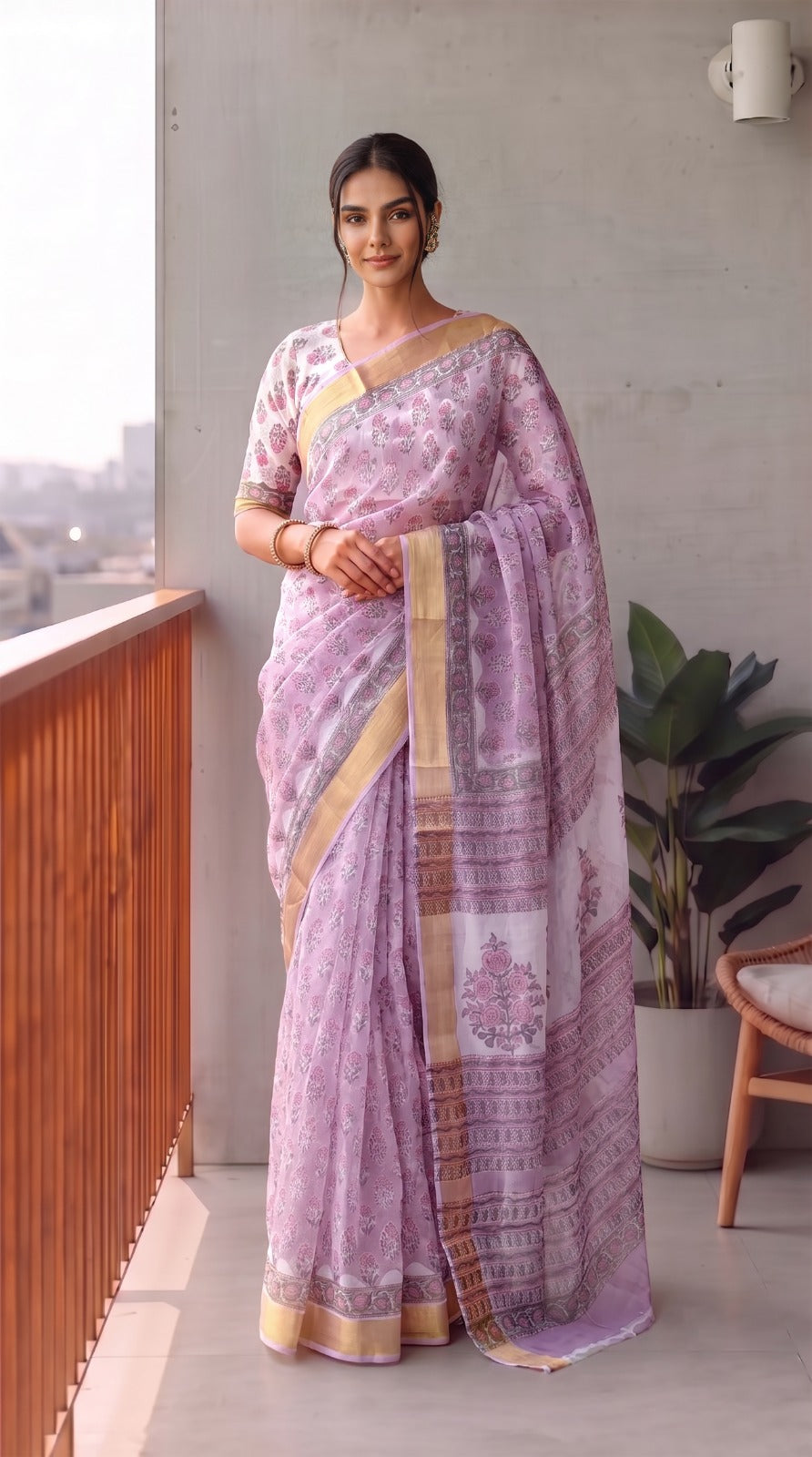 Hand Brush Painted Chiffon Saree with Blouse ( CIA98)