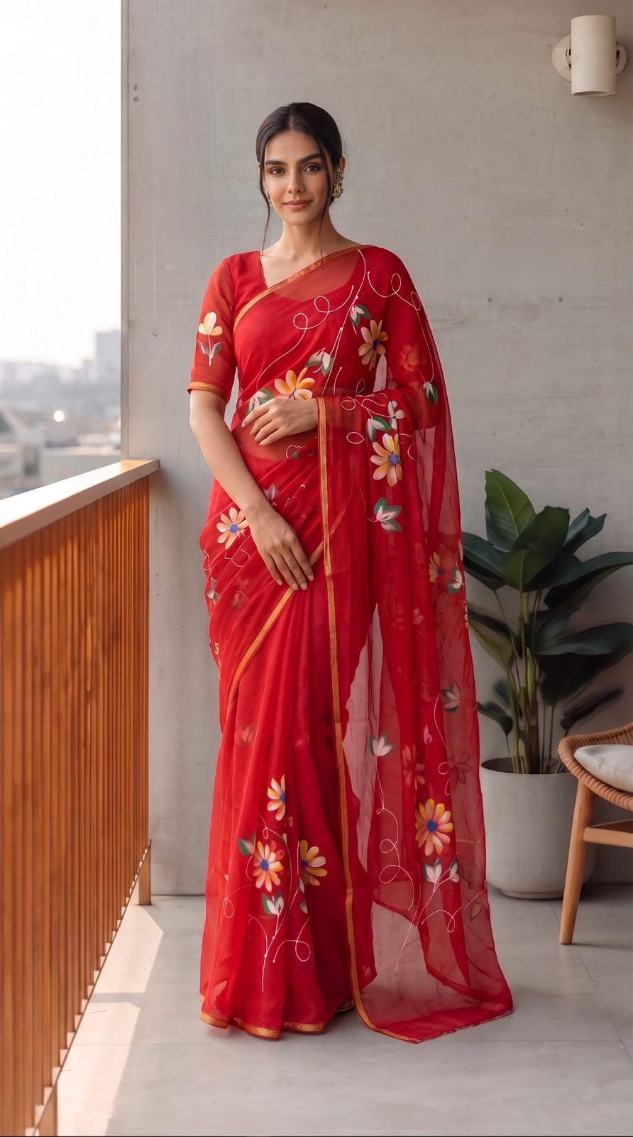 Hand Brush Painted Chiffon Saree with Blouse ( CIA 63)