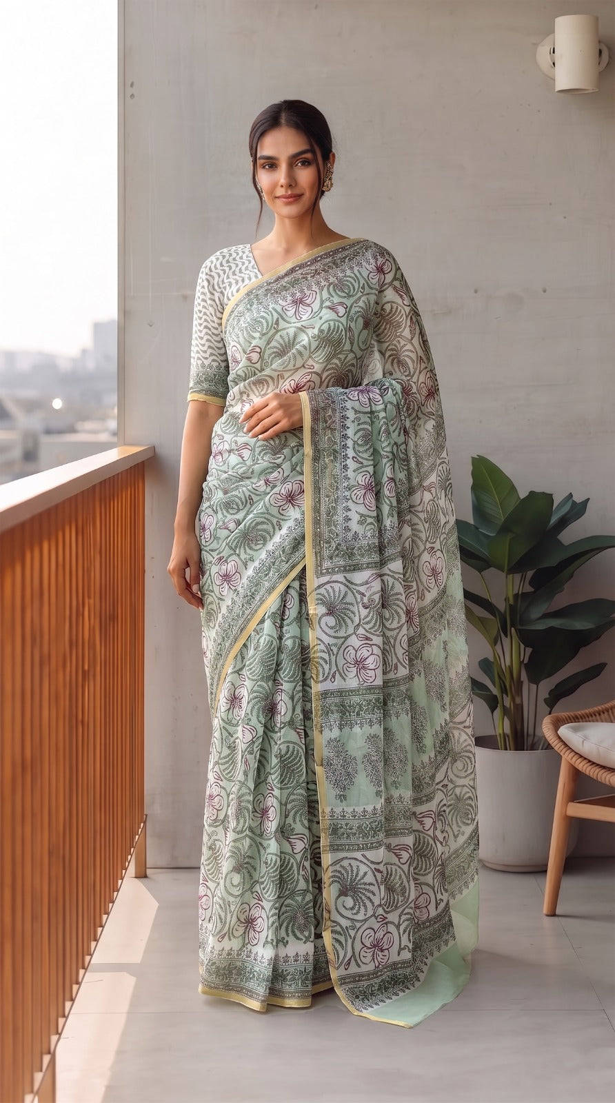 Hand Brush Painted Chiffon Saree with Blouse ( CIA66)