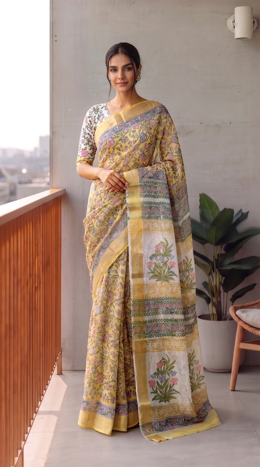 Hand Brush Painted Chiffon Saree with Blouse ( CIA90)