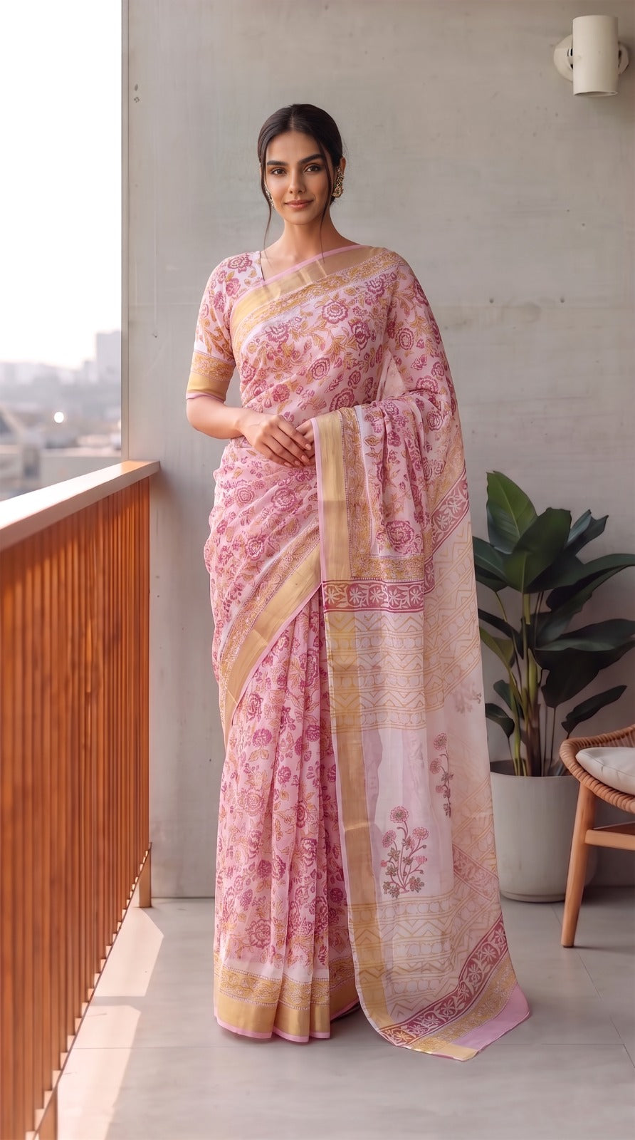 Hand Brush Painted Chiffon Saree with Blouse ( CIA95)