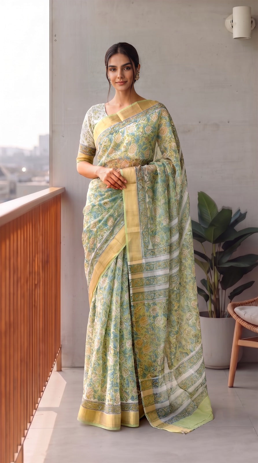 Hand Brush Painted Chiffon Saree with Blouse ( CIA77)