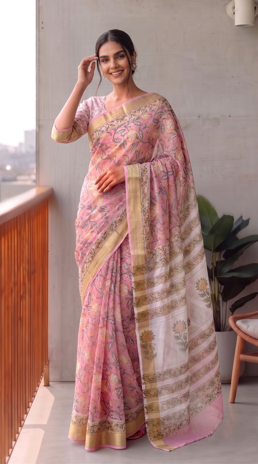 Hand Brush Painted Chiffon Saree with Blouse ( CIA81)