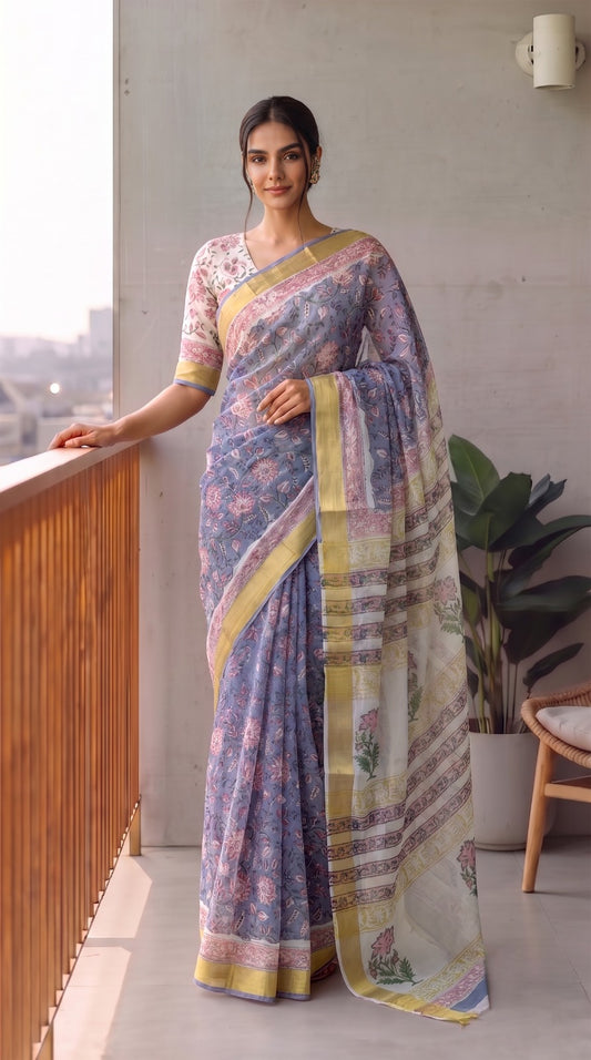 Hand Brush Painted Chiffon Saree with Blouse ( CIA83)