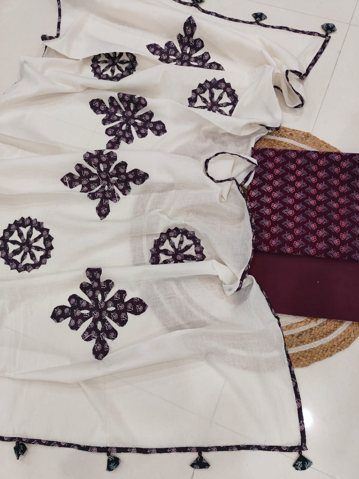 Ajarkh Print Suit Pcs With Patch Work And Mirror Work Dupatta (ASC72)