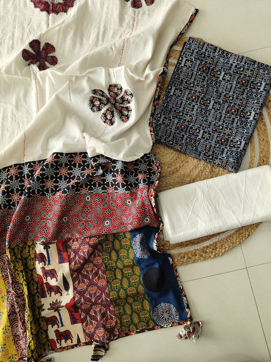 Ajarkh Print Suit Pcs With Patch Work And Mirror Work Dupatta (ASC73)