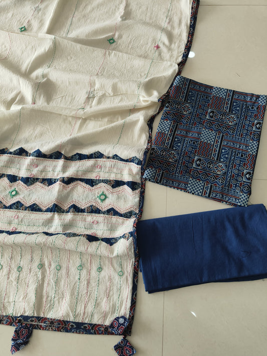 Ajarkh Print Suit Pcs With Patch Work And Mirror Work Dupatta (ASC55)
