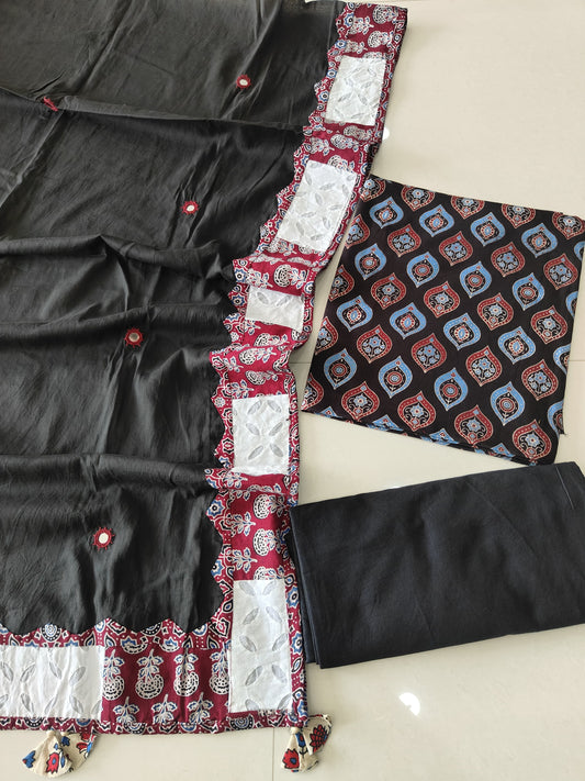 Ajarkh Print Suit Pcs With Patch Work And Mirror Work Dupatta (ASC76)
