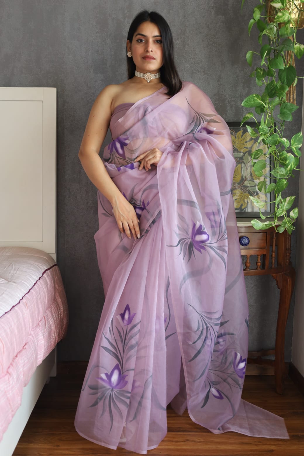 HAND BURSH PAINTED ORGANZA SILK SAREE WITH BLOUSE (CIB41)