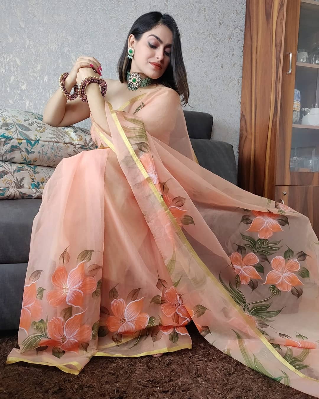 HAND BURSH PAINTED ORGANZA SILK SAREE WITH BLOUSE (CIB42)