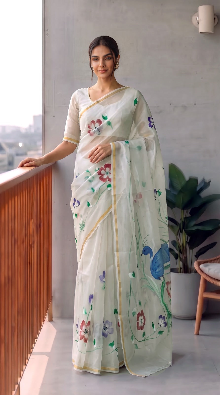 HAND BURSH PAINTED ORGANZA SILK SAREE WITH BLOUSE (CIB44)