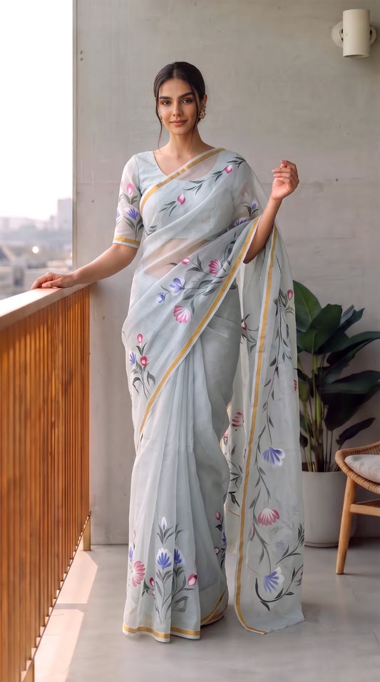 HAND BURSH PAINTED ORGANZA SILK SAREE WITH BLOUSE (CIB46)