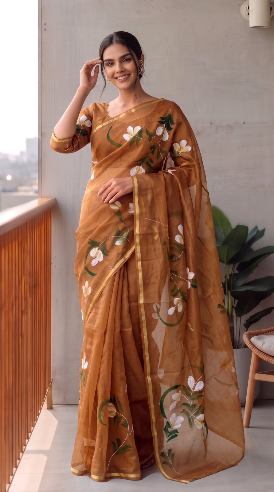 HAND BURSH PAINTED ORGANZA SILK SAREE WITH BLOUSE (CIB48)