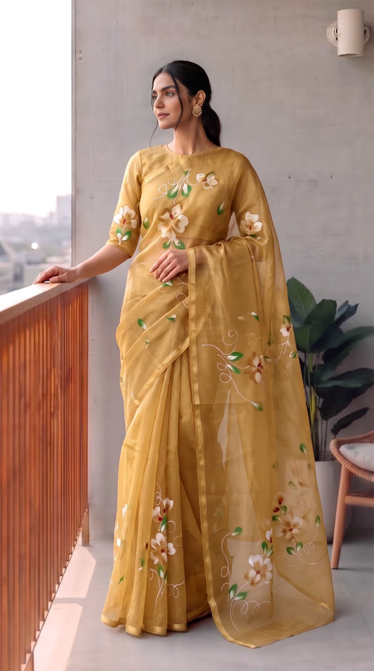 HAND BURSH PAINTED ORGANZA SILK SAREE WITH BLOUSE (CIB50)