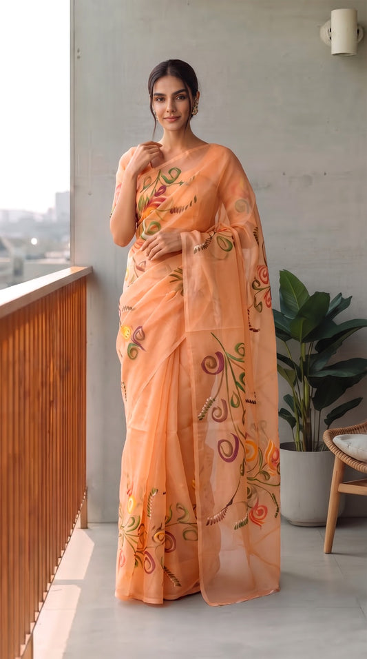 HAND BURSH PAINTED ORGANZA SILK SAREE WITH BLOUSE (CIB52)