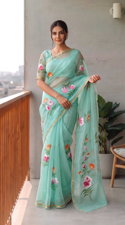 HAND BURSH PAINTED ORGANZA SILK SAREE WITH BLOUSE (CIB53)
