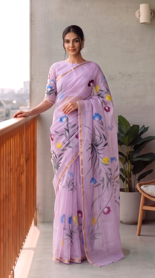 HAND BURSH PAINTED ORGANZA SILK SAREE WITH BLOUSE (CIB54)