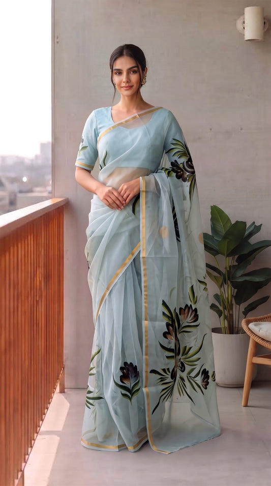 HAND BURSH PAINTED ORGANZA SILK SAREE WITH BLOUSE (CIB58)