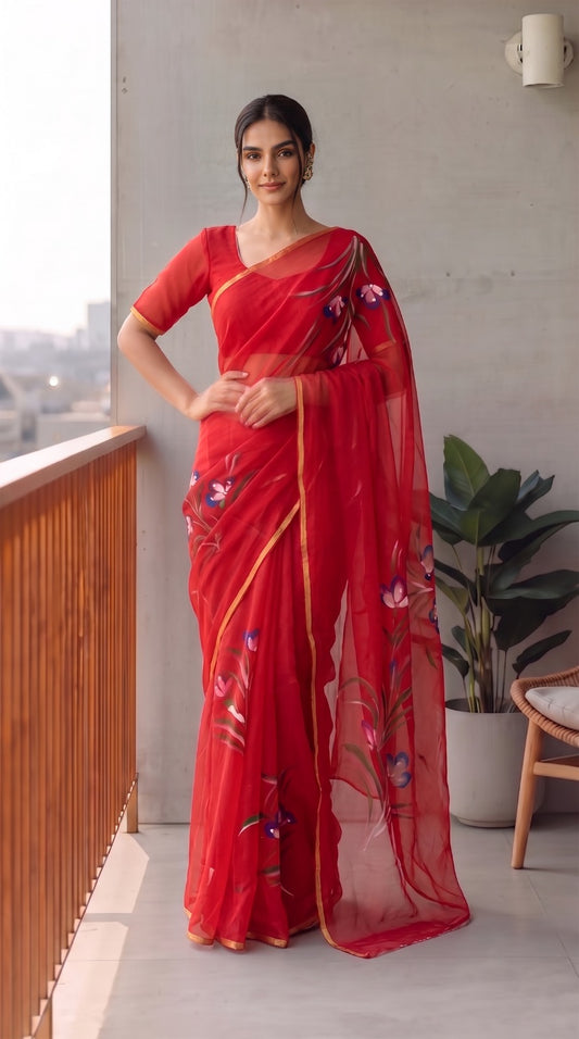Hand Brush Painted Chiffon Saree with Blouse ( CIA106)