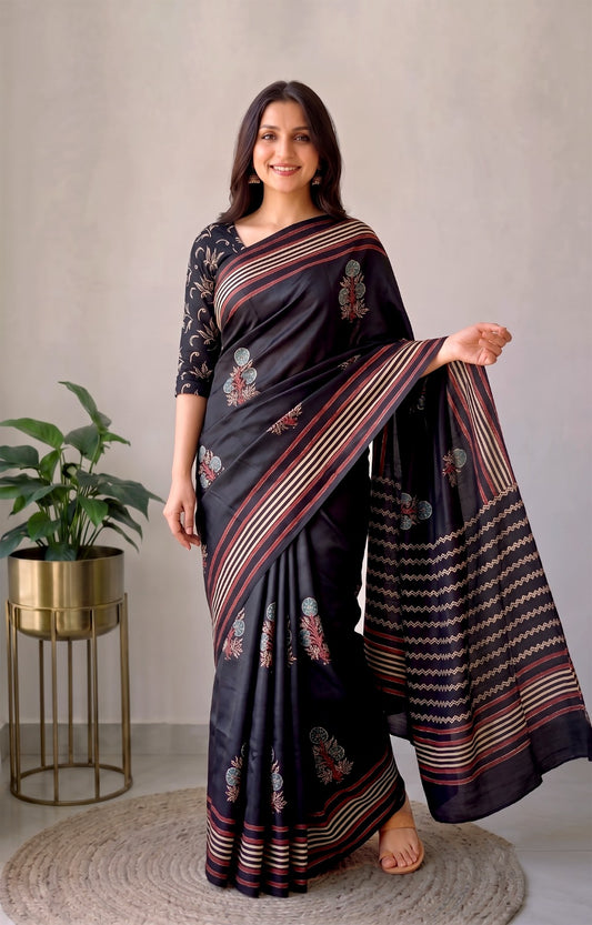 Ajrakh Hand Block Bagru Vanspati Printend Modal Silk Saree with Blouse (CID83)