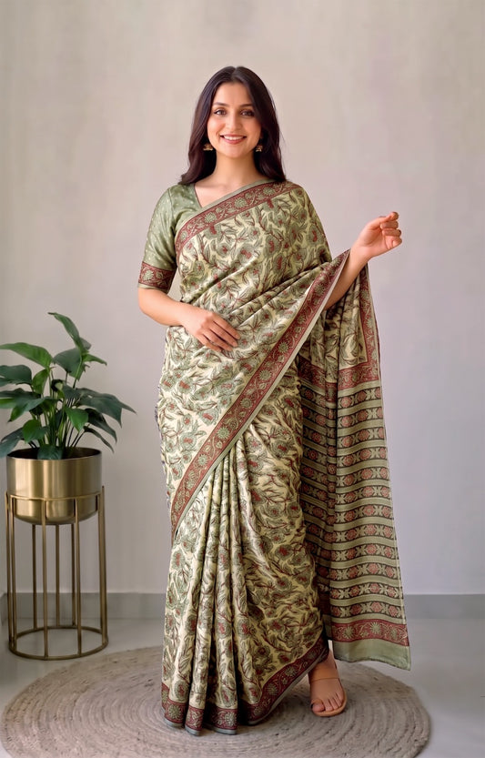 Ajrakh Hand Block Bagru Vanspati Printend Modal Silk Saree with Blouse (CID82)