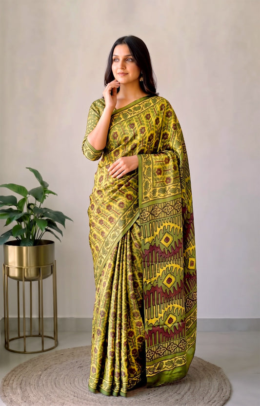 Pomegranate Printed Ajrakh Hand Block Modal Silk Saree with Blouse (CID116)
