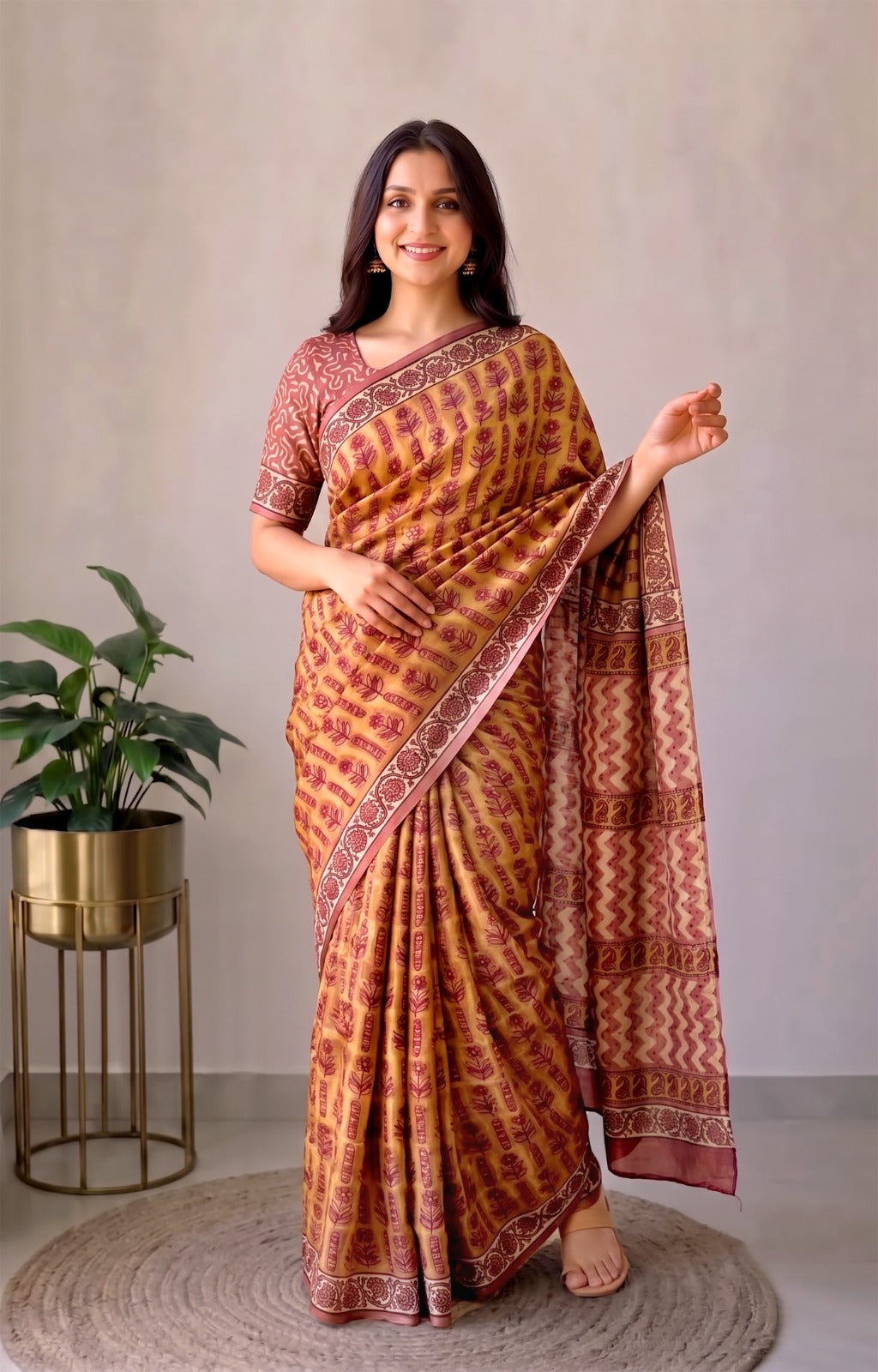 Pomegranate Printed Ajrakh Hand Block Modal Silk Saree with Blouse (CID110)