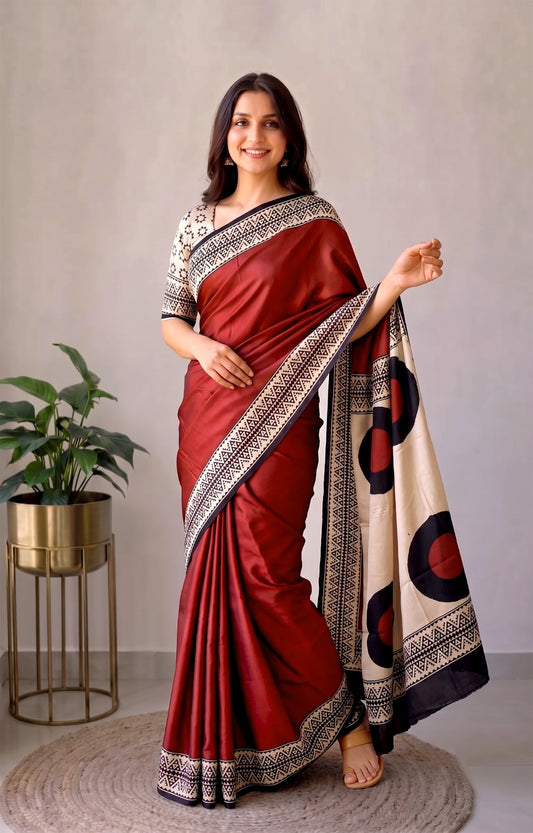 Ajrakh Hand Block Bagru Vanspati Printend Modal Silk Saree with Blouse (CID90)