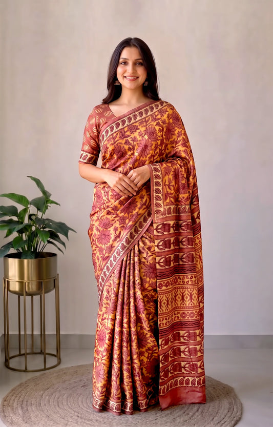 Pomegranate Printed Ajrakh Hand Block Modal Silk Saree with Blouse (CID114)