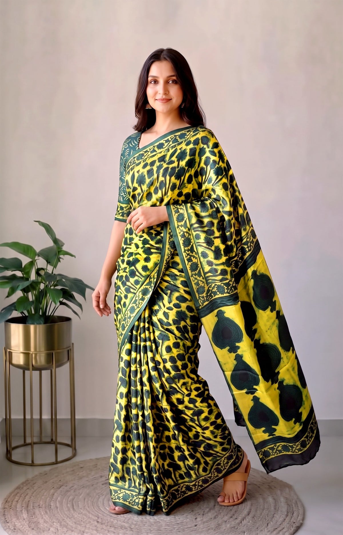 Pomegranate Printed Ajrakh Hand Block Modal Silk Saree with Blouse (CID111)