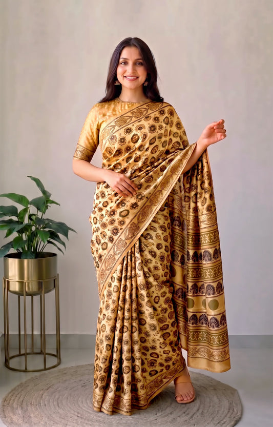 Ajrakh Hand Block Bagru Vanspati Printend Modal Silk Saree with Blouse (CID85)