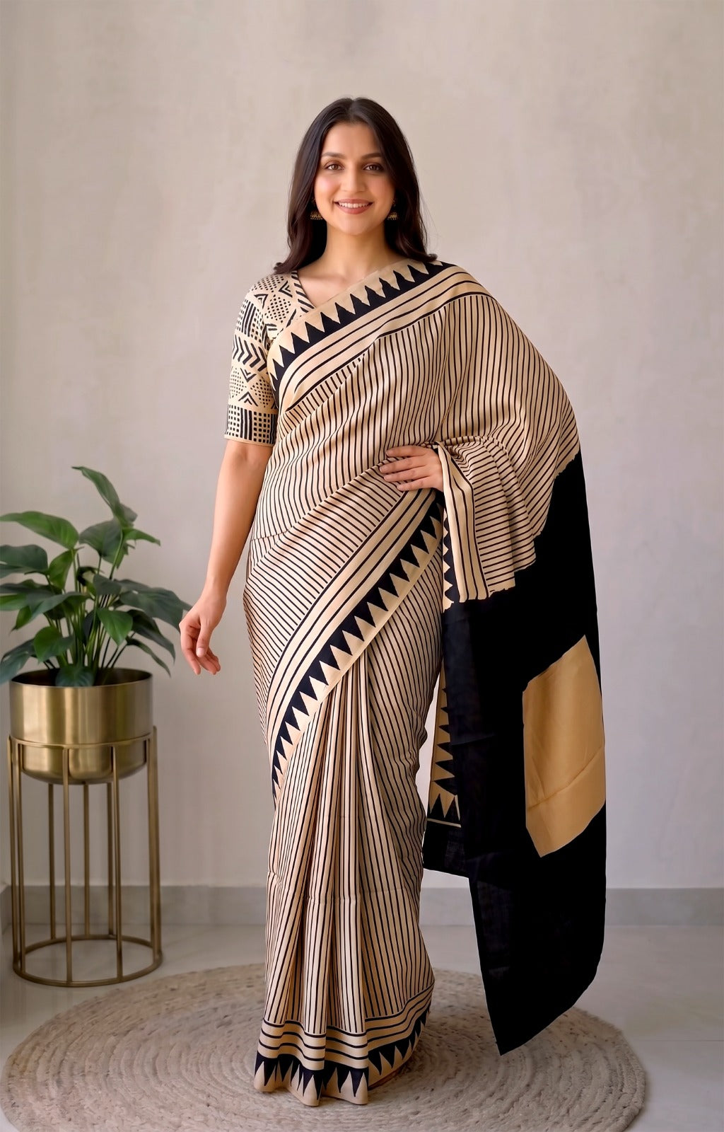 Pomegranate Printed Ajrakh Hand Block Modal Silk Saree with Blouse (CID118)