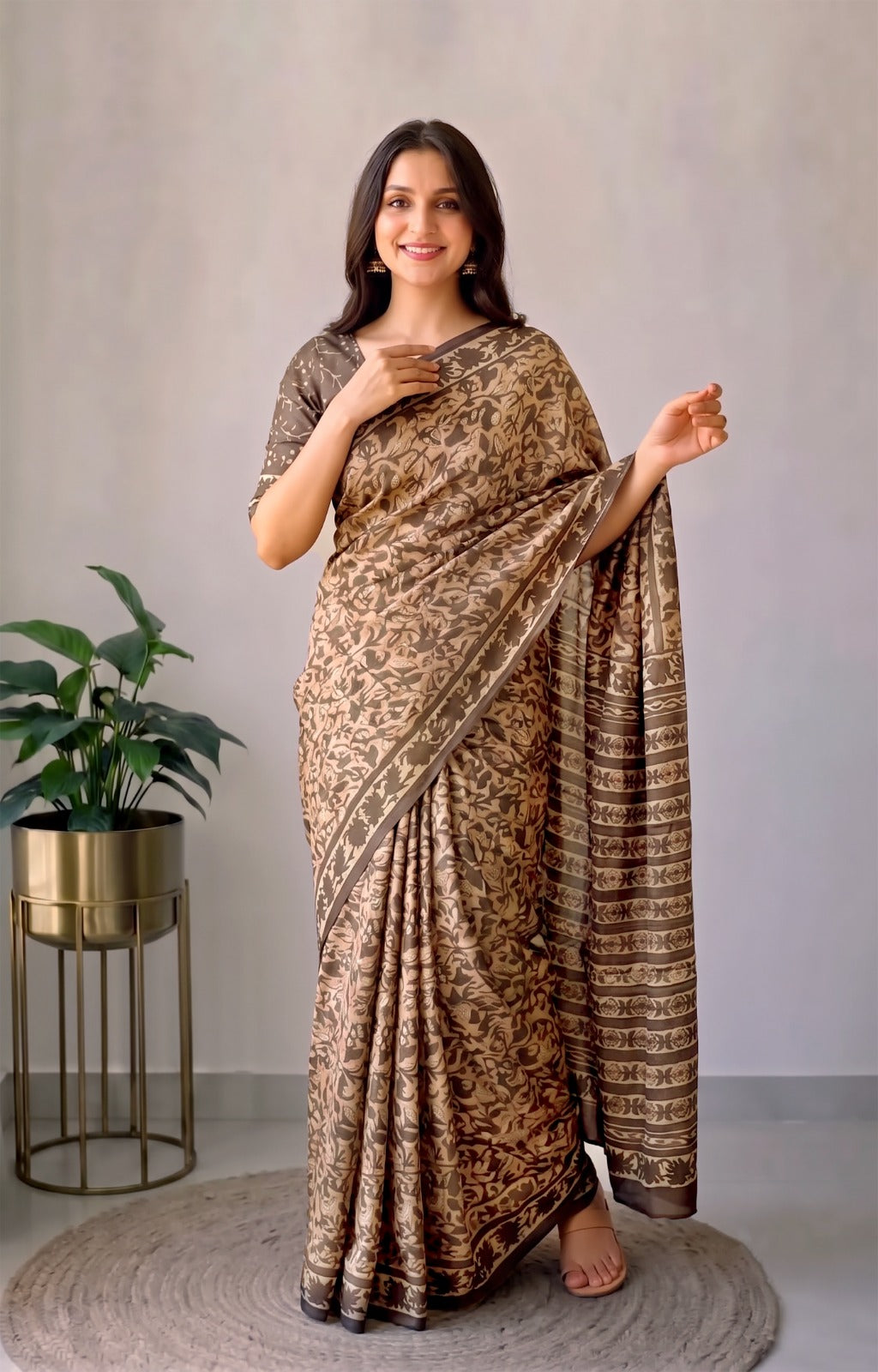 Pomegranate Printed Ajrakh Hand Block Modal Silk Saree with Blouse (CID121)