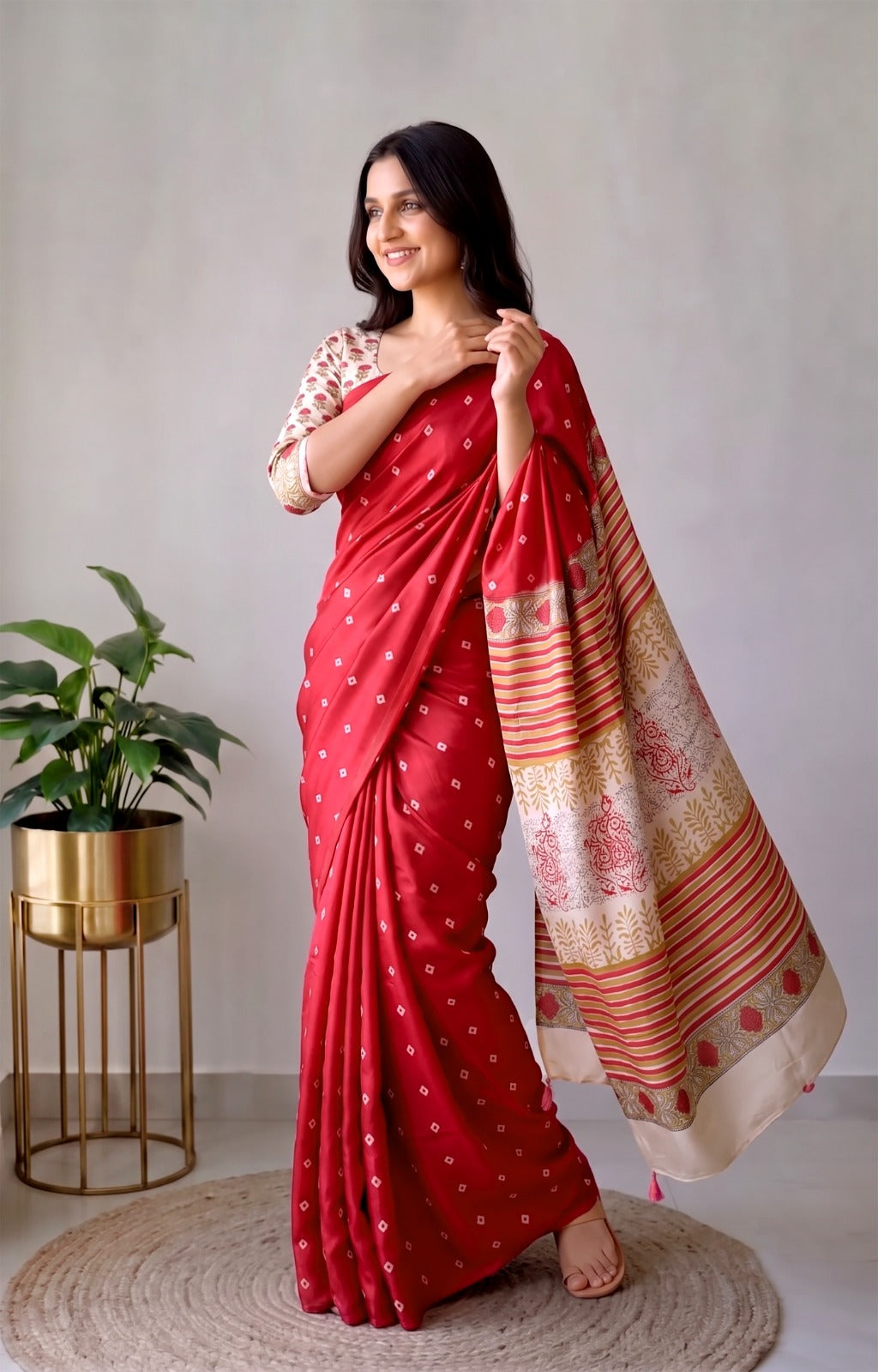 Pomegranate Printed Ajrakh Hand Block Modal Silk Saree with Blouse (CID122)