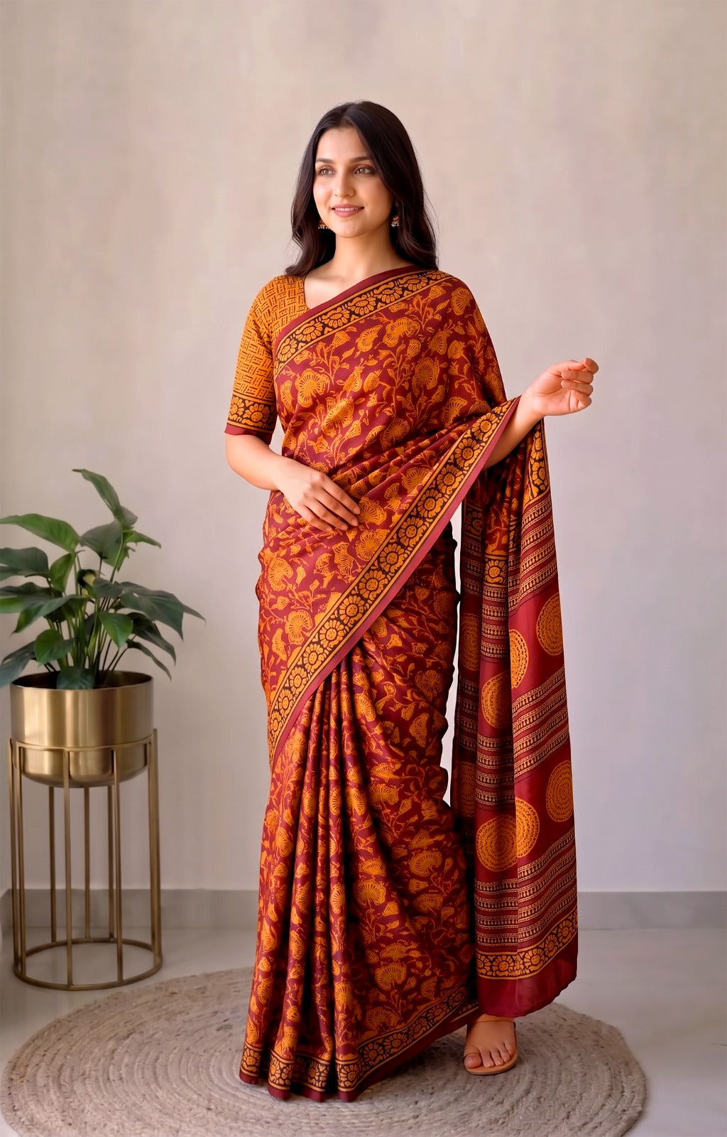 Pomegranate Printed Ajrakh Hand Block Modal Silk Saree with Blouse (CID123)