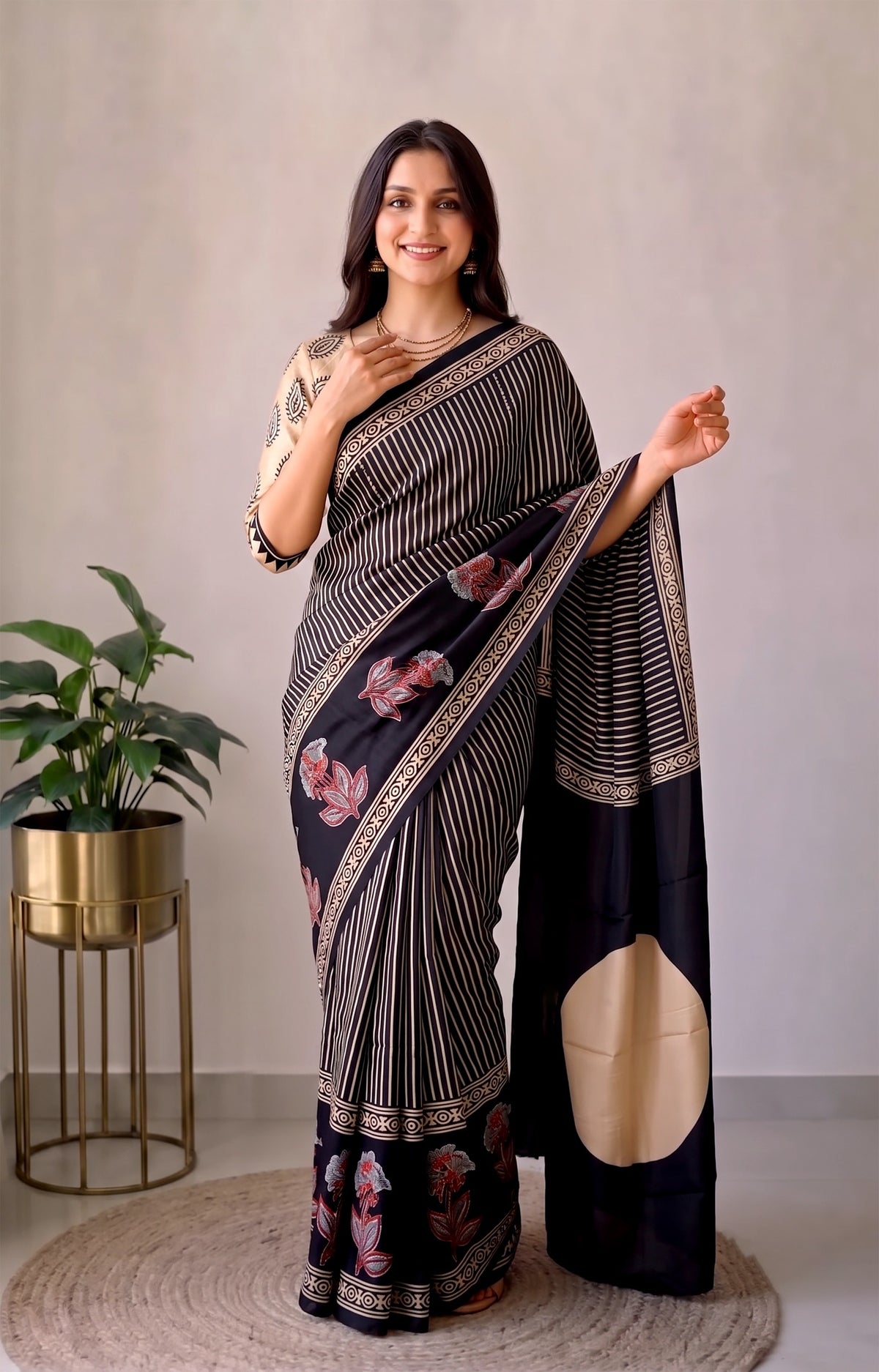 Pomegranate Printed Ajrakh Hand Block Modal Silk Saree with Blouse (CID124)