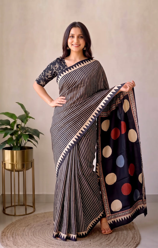 Pomegranate Printed Ajrakh Hand Block Modal Silk Saree with Blouse (CID125)
