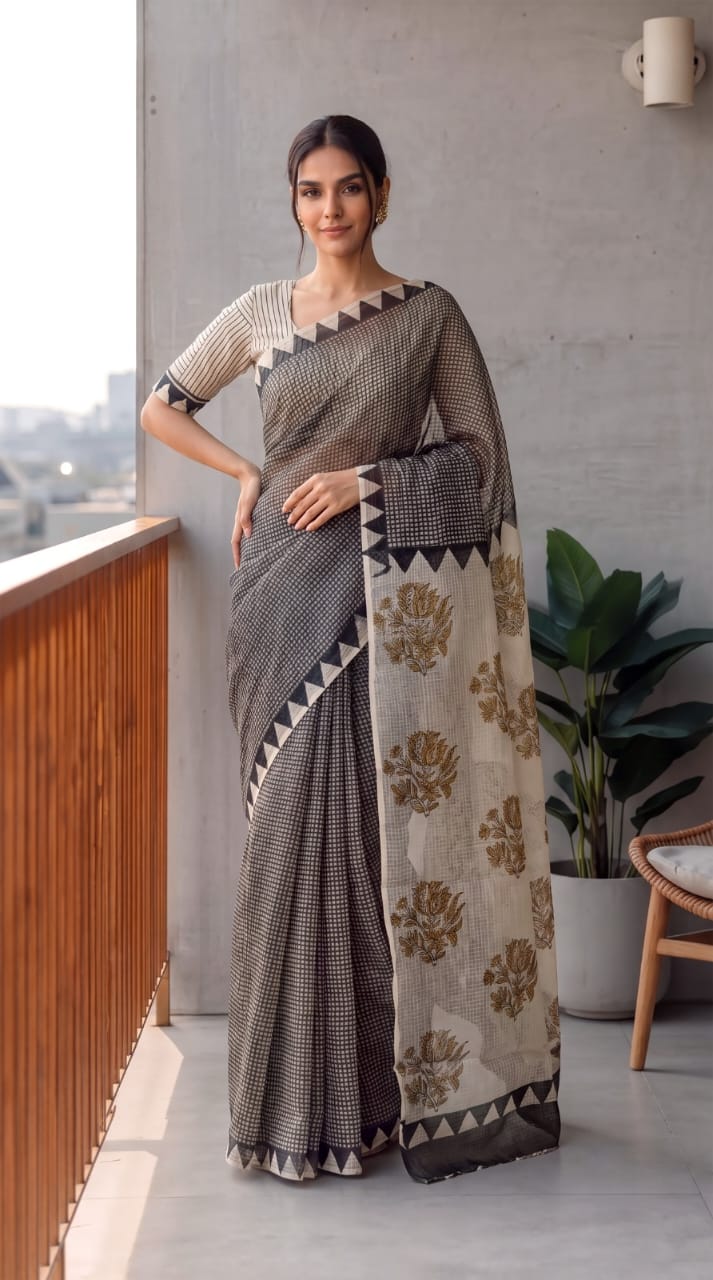 HAND BLOCK BAGRU PRINTED KOTA DORIYA SAREE WITH MULMUL BLOUSE (KDS147)