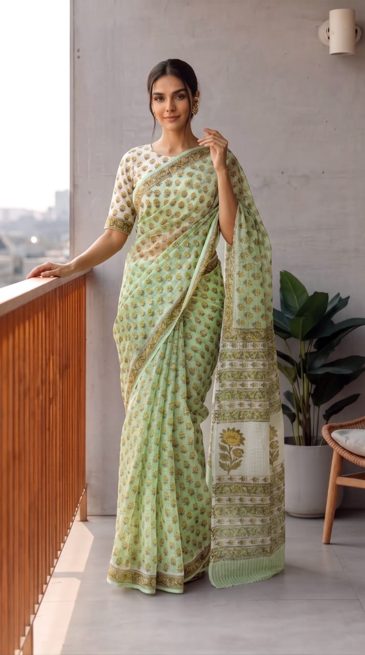 HAND BLOCK BAGRU PRINTED KOTA DORIYA SAREE WITH MULMUL BLOUSE (KDS150)