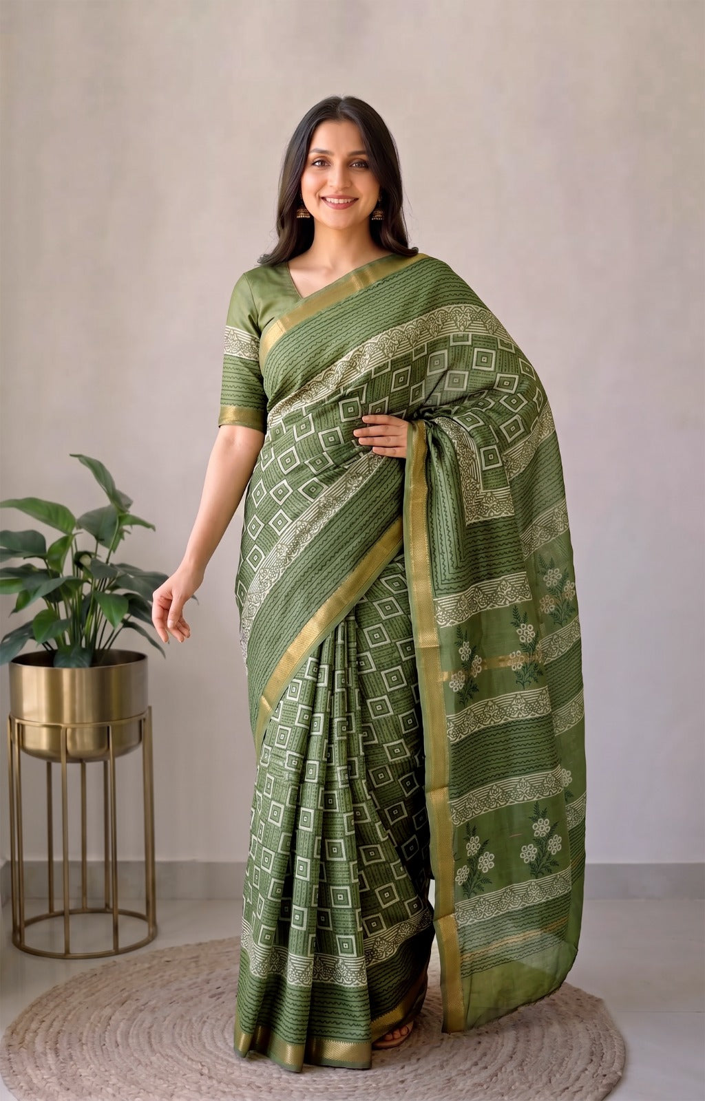 Jaipuri Hand Block Bagru Printed Maheshwari Silk Saree With Blouse (MSS177)