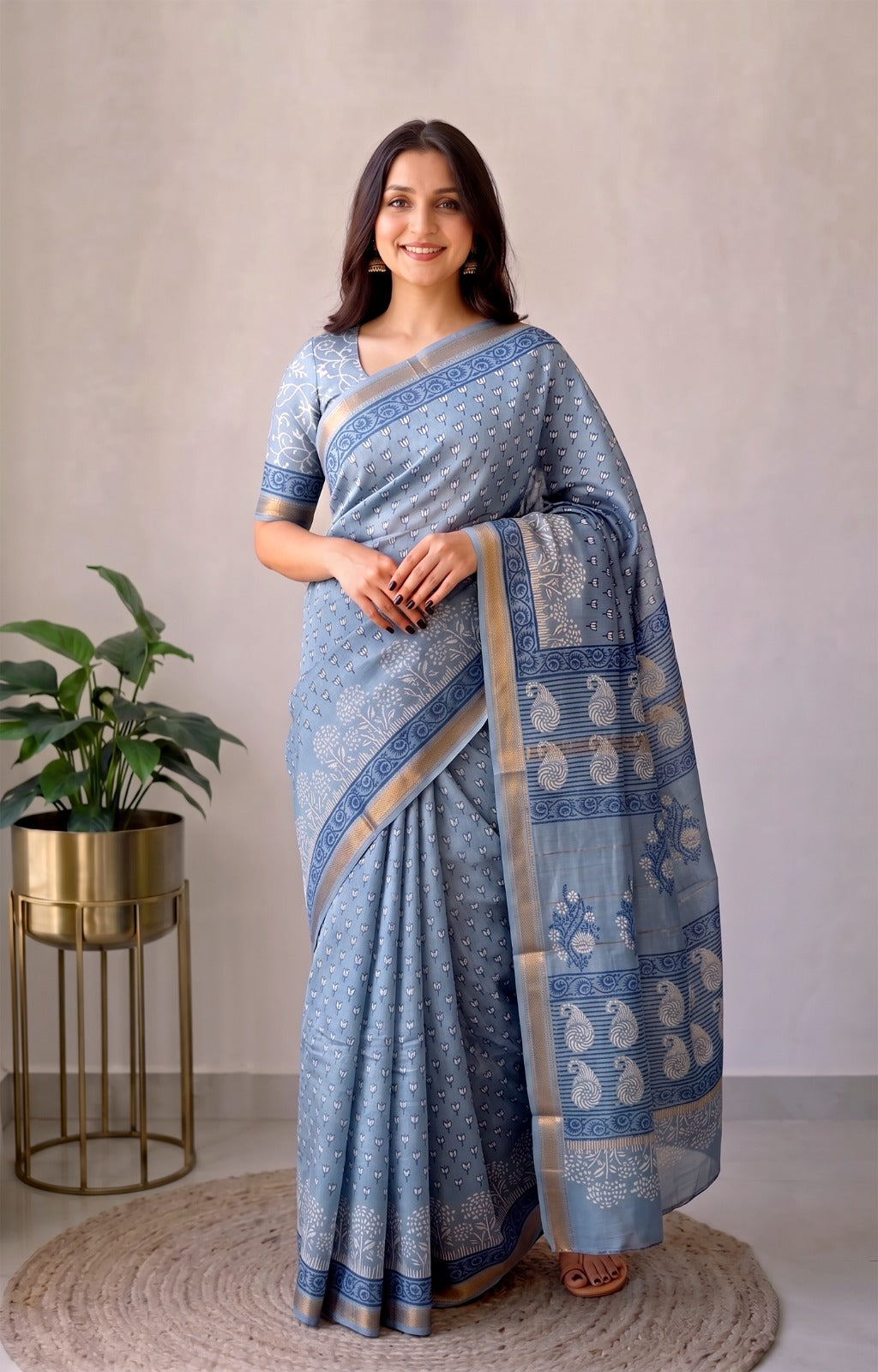Jaipuri Hand Block Bagru Printed Maheshwari Silk Saree With Blouse (MSS178)