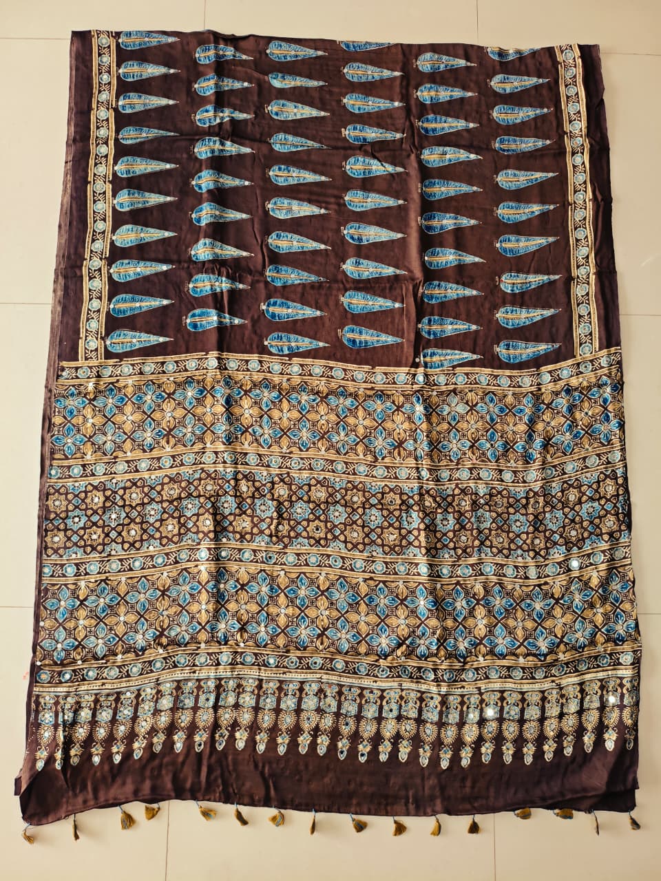MIRROR WORK HAND BLOCK AJRAKH MODAL SILK SAREE WITH BLOUSE (CIV32)