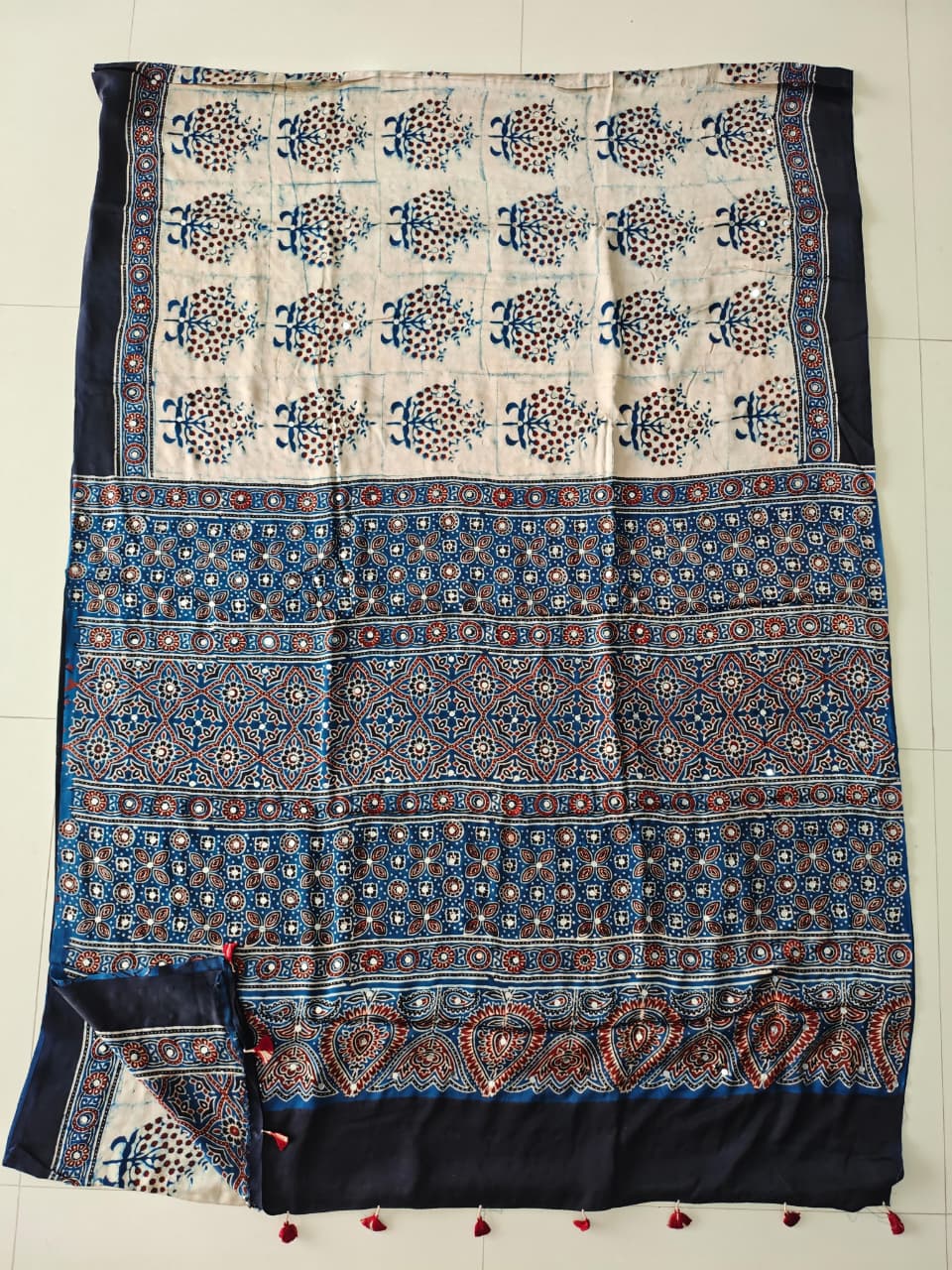 MIRROR WORK HAND BLOCK AJRAKH MODAL SILK SAREE WITH BLOUSE (CIV34)