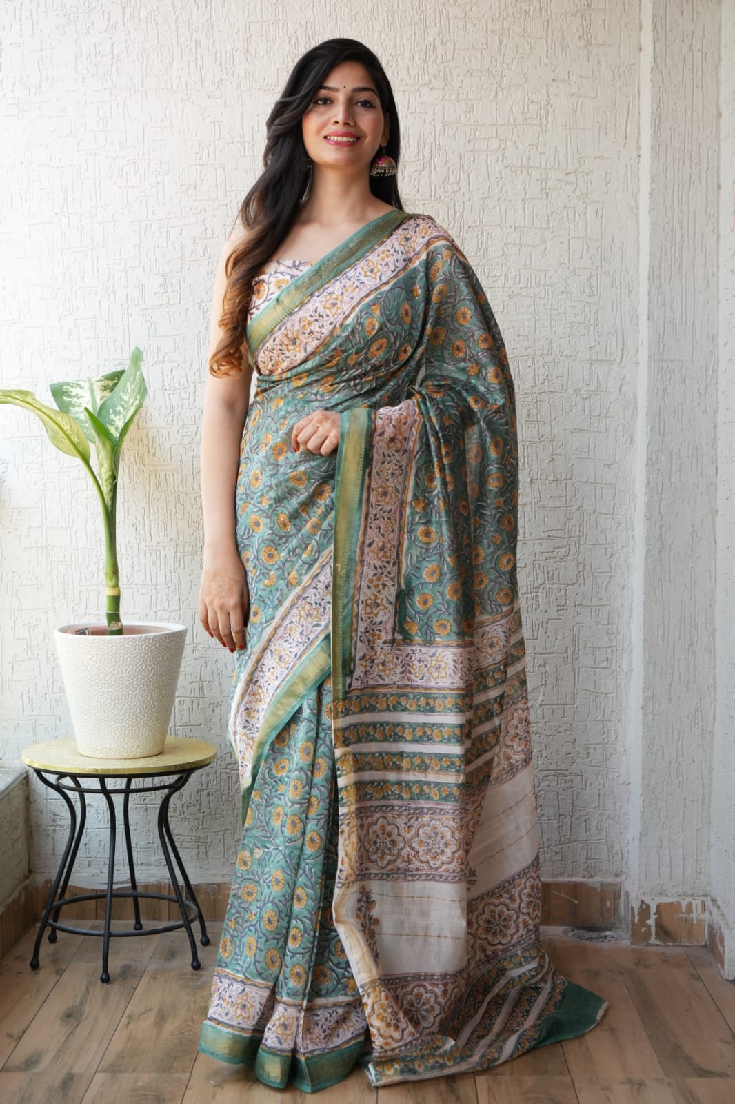 Jaipuri Hand Block Bagru Printed Maheshwari Silk Saree With Blouse (MSS206)