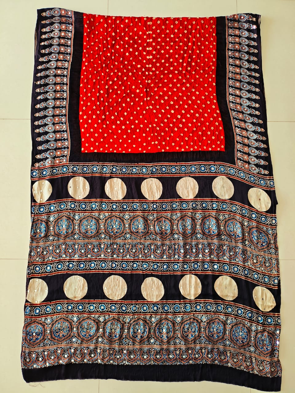 MIRROR WORK HAND BLOCK AJRAKH MODAL SILK SAREE WITH BLOUSE (CIV41)